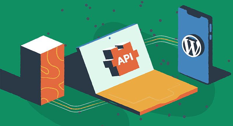 Un ordinateur portable et un téléphone affichent l’API et les logos WordPress