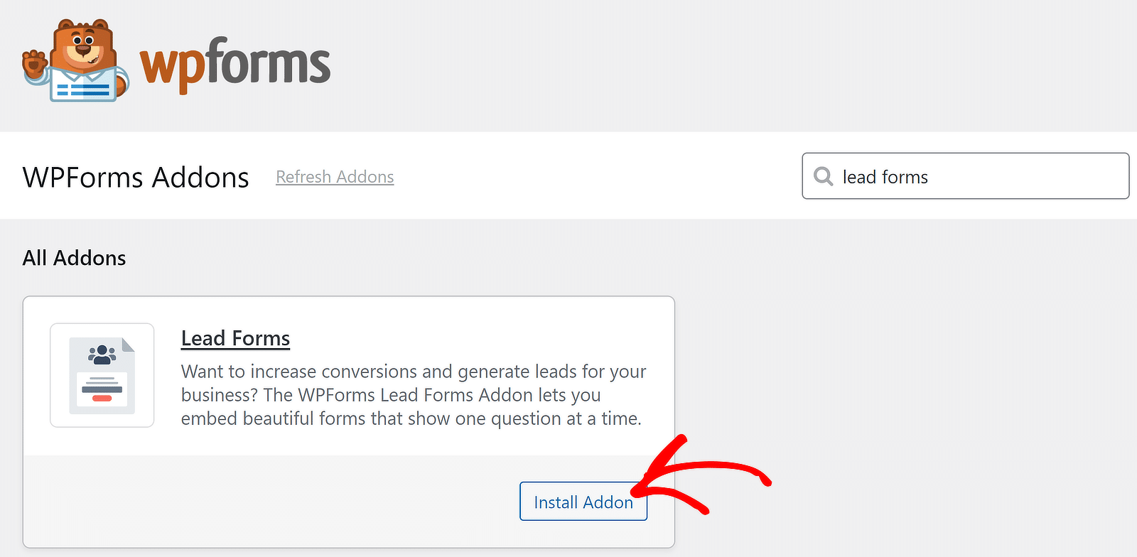 Install lead forms addon