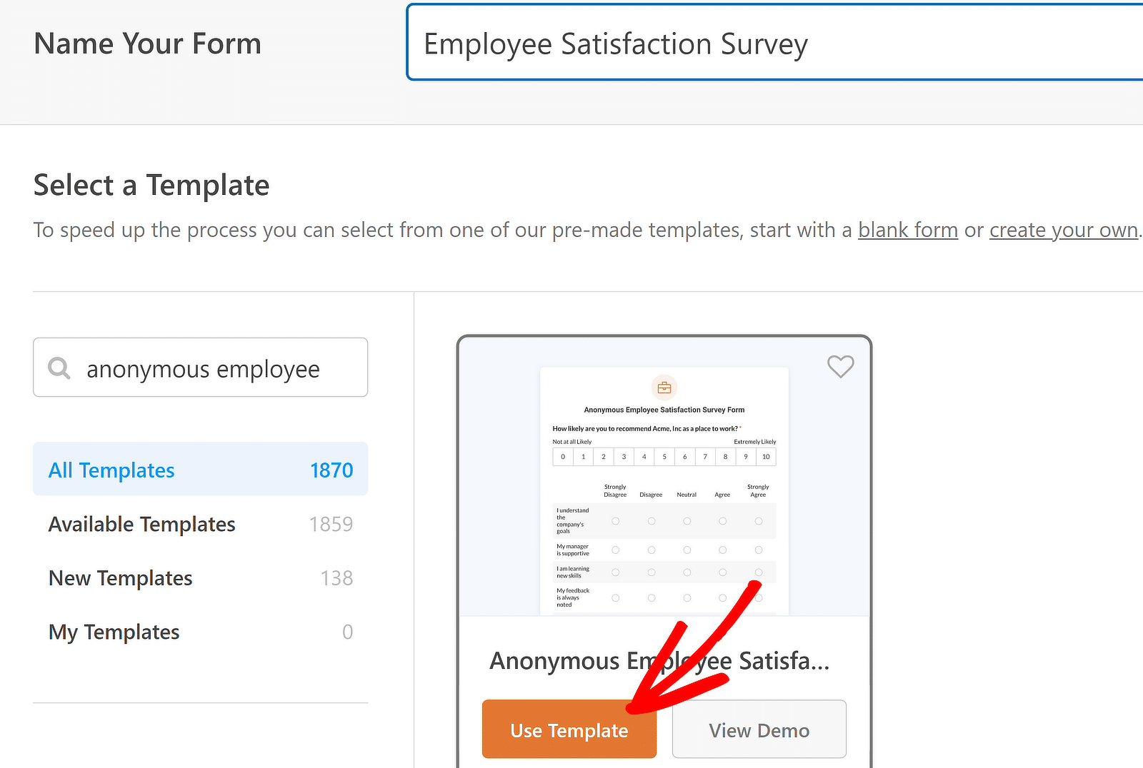 Use template (anonymous satisfication survey)