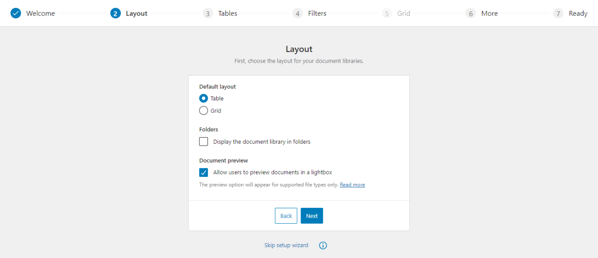 La configurazione guidata di Document Library Pro che mostra le opzioni per regolare il layout della tabella.