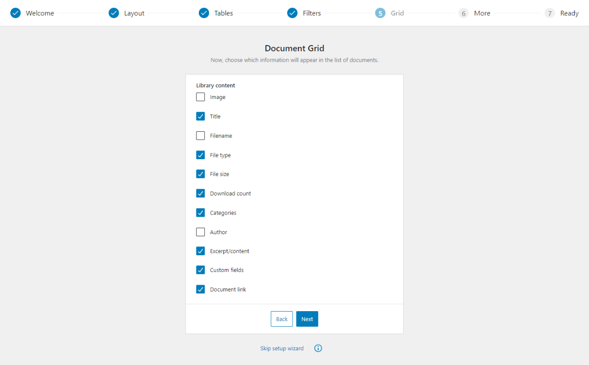 Opțiunile Grid din expertul de configurare Document Library Pro.