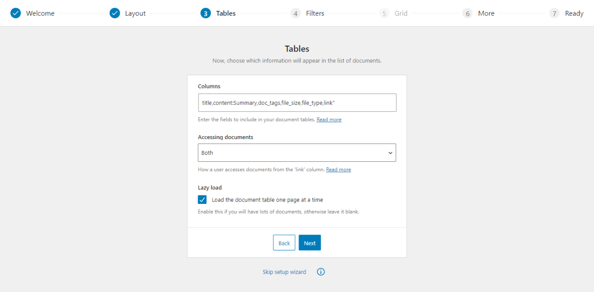 La sezione Tabelle della configurazione guidata di Document Library Pro.