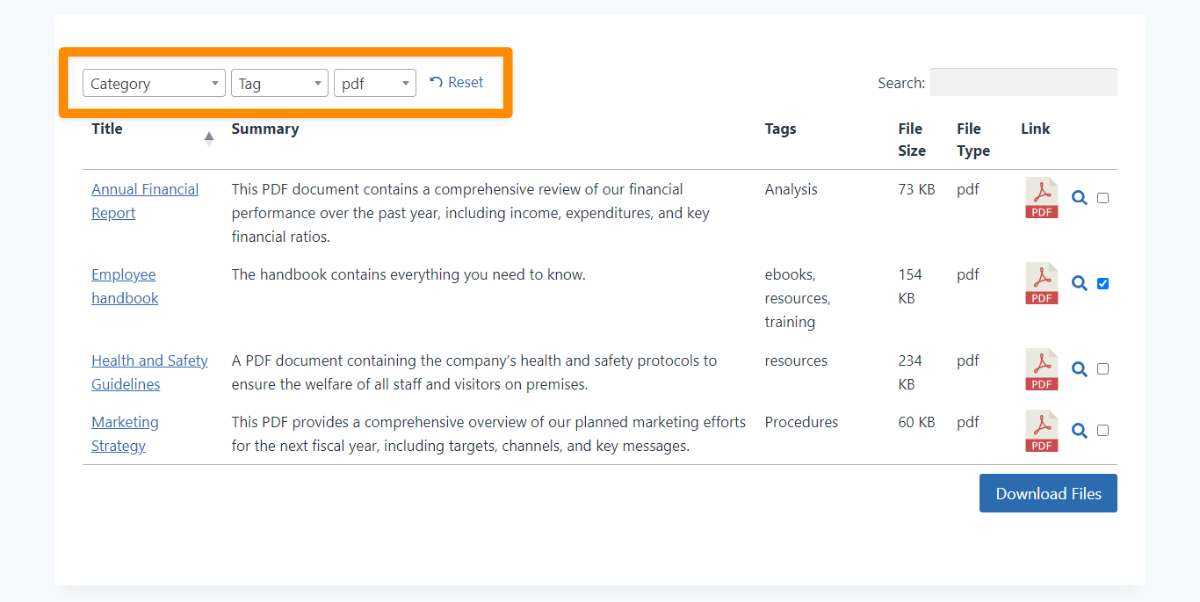 ส่วนหน้าของไลบรารี PDF ของ WordPress เน้นตัวเลือกการเรียงลำดับและการกรองของปลั๊กอิน Document Library Pro