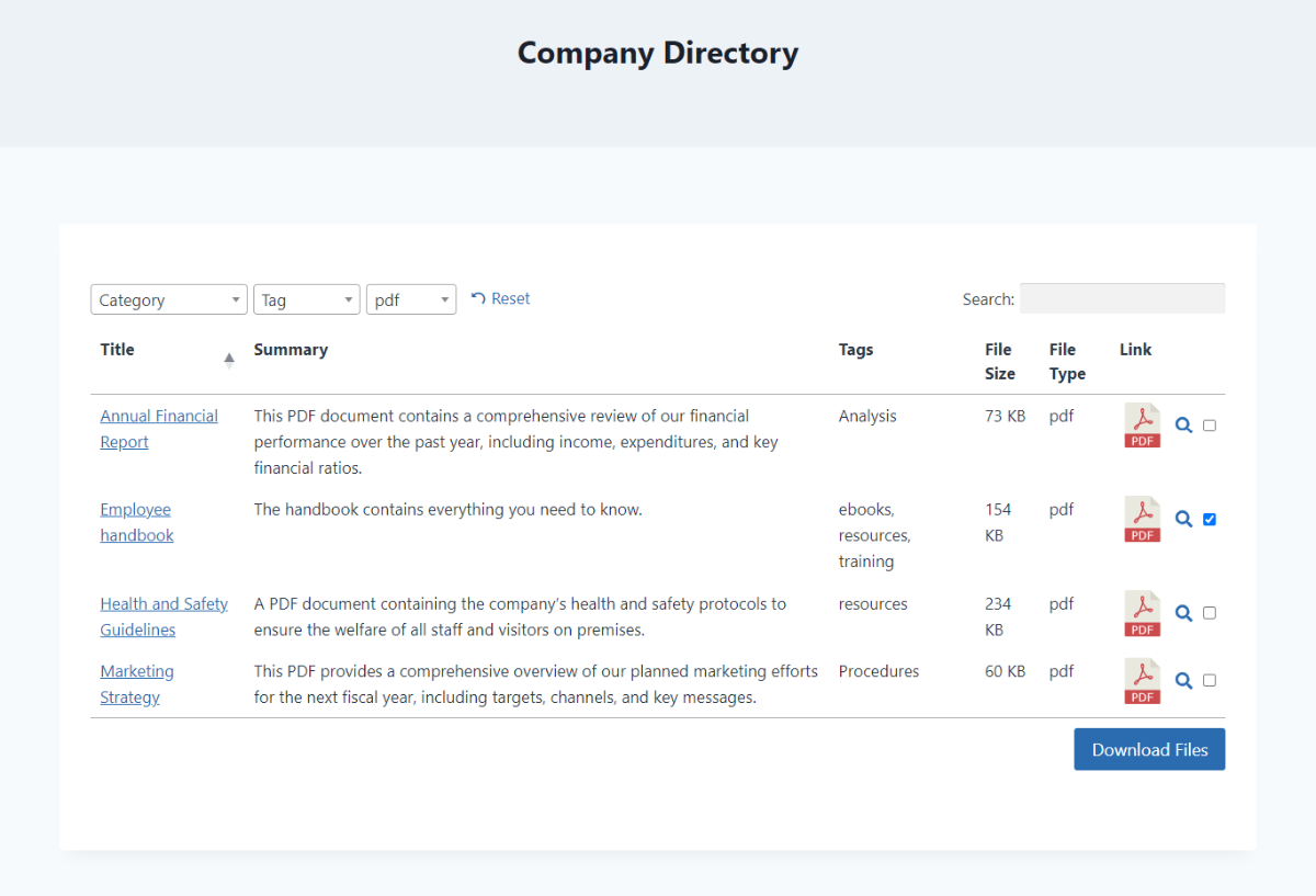 ส่วนหน้าของเว็บไซต์ที่แสดงไลบรารี WordPress PDF โดยใช้ Document Library Pro