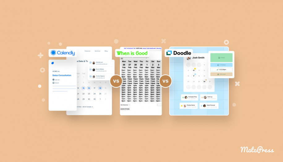 Kolaż oprogramowania WhenIsGood, Calendly i Doodle.