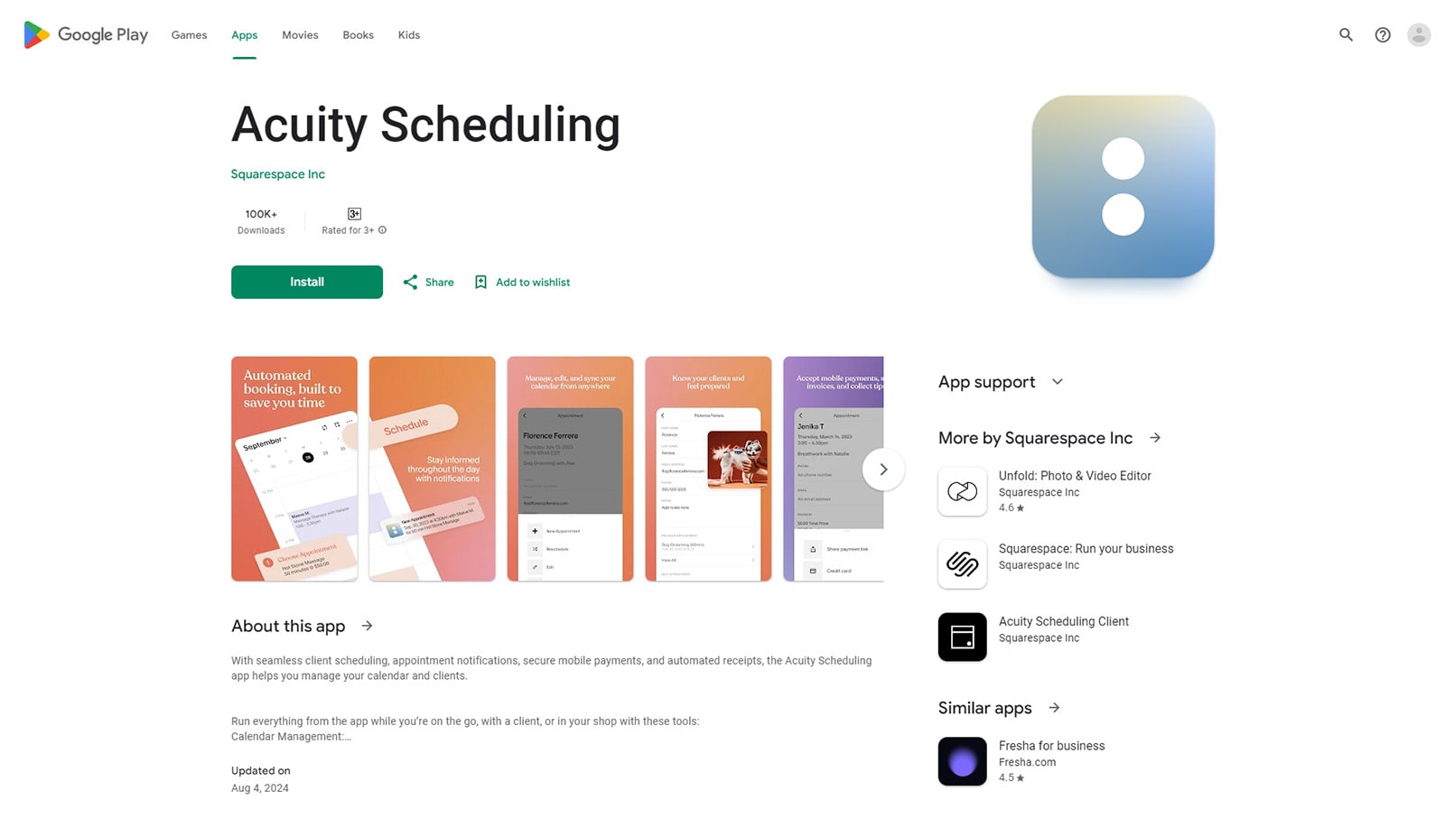 صورة مرئية لصفحة تطبيق Android للجوال متاحة لمستخدمي Acuity Scheduling.