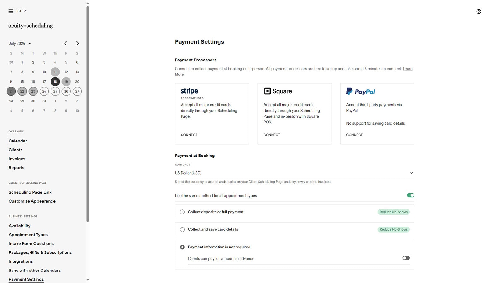 Acuity Scheduling と Calendly の比較の一部として Acuity Scheduling に含まれるオンライン支払い設定の図。