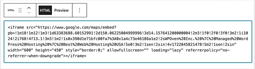 Pasting the HTML code generated by Google Maps as an iframe