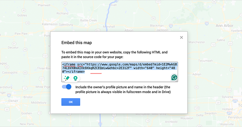 Embed the generated map by Copying HTML and pasting in the source code of the page