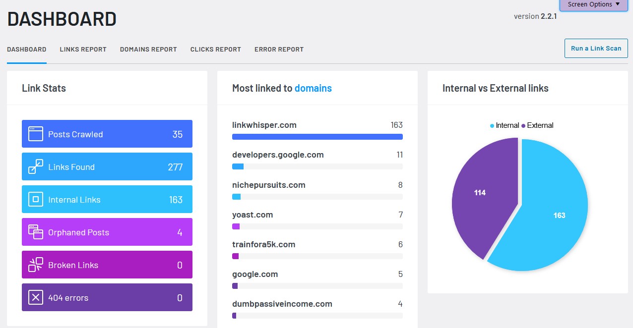 Tableau de bord Link Whisper