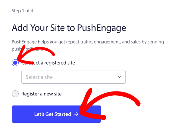 pushengage connect to a registered site