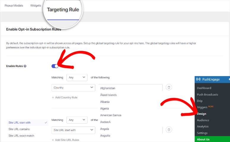 pushengage targeting rules