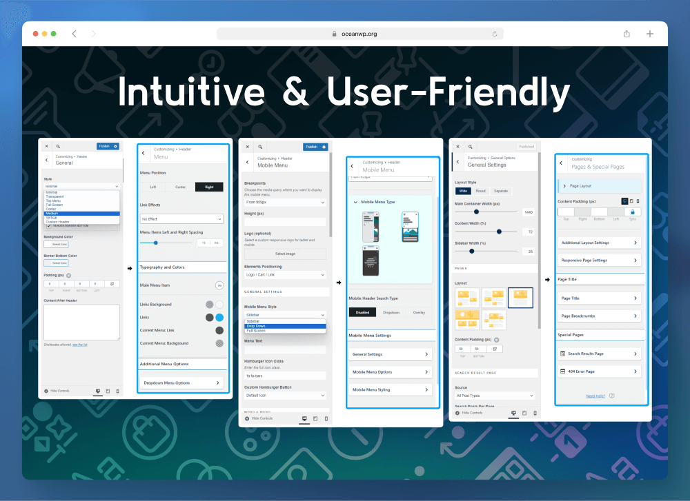 yeni OceanWP WordPress özelleştirici sezgisel ve kullanıcı dostu