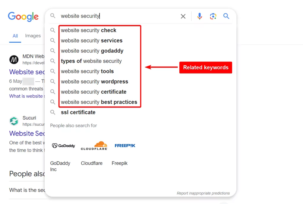 mots-clés pertinents dans les résultats des moteurs de recherche Google