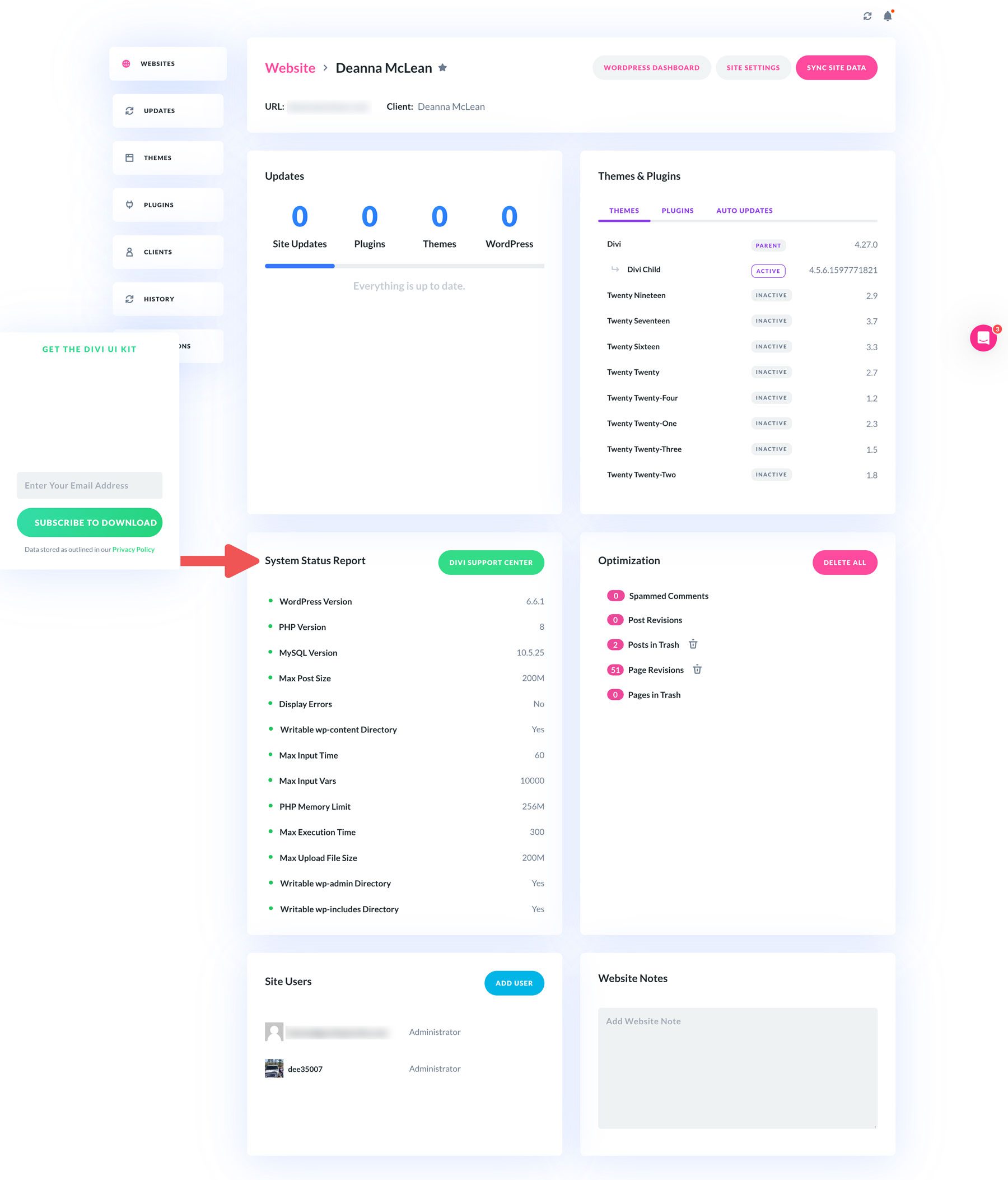 Raportul de stare a sistemului Divi Dash