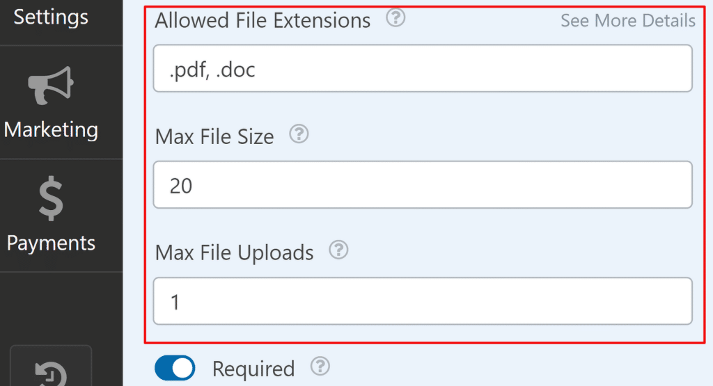 File upload field additional settings