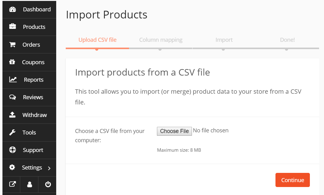 此螢幕截圖顯示如何將 WooCommerce 產品匯入為 CSV 文件