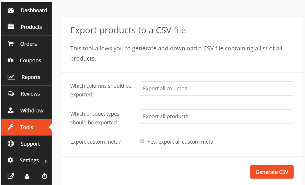 Esta imagen muestra cómo exportar productos como un archivo CSV.