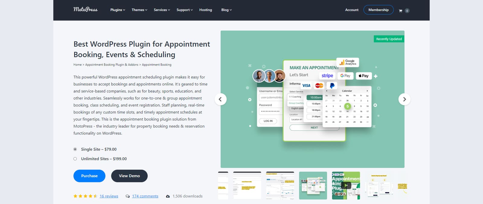 Graficul MotoPress Appointment Booking, un plugin WordPress flexibil pentru gestionarea evenimentelor cu suport WooCommerce.