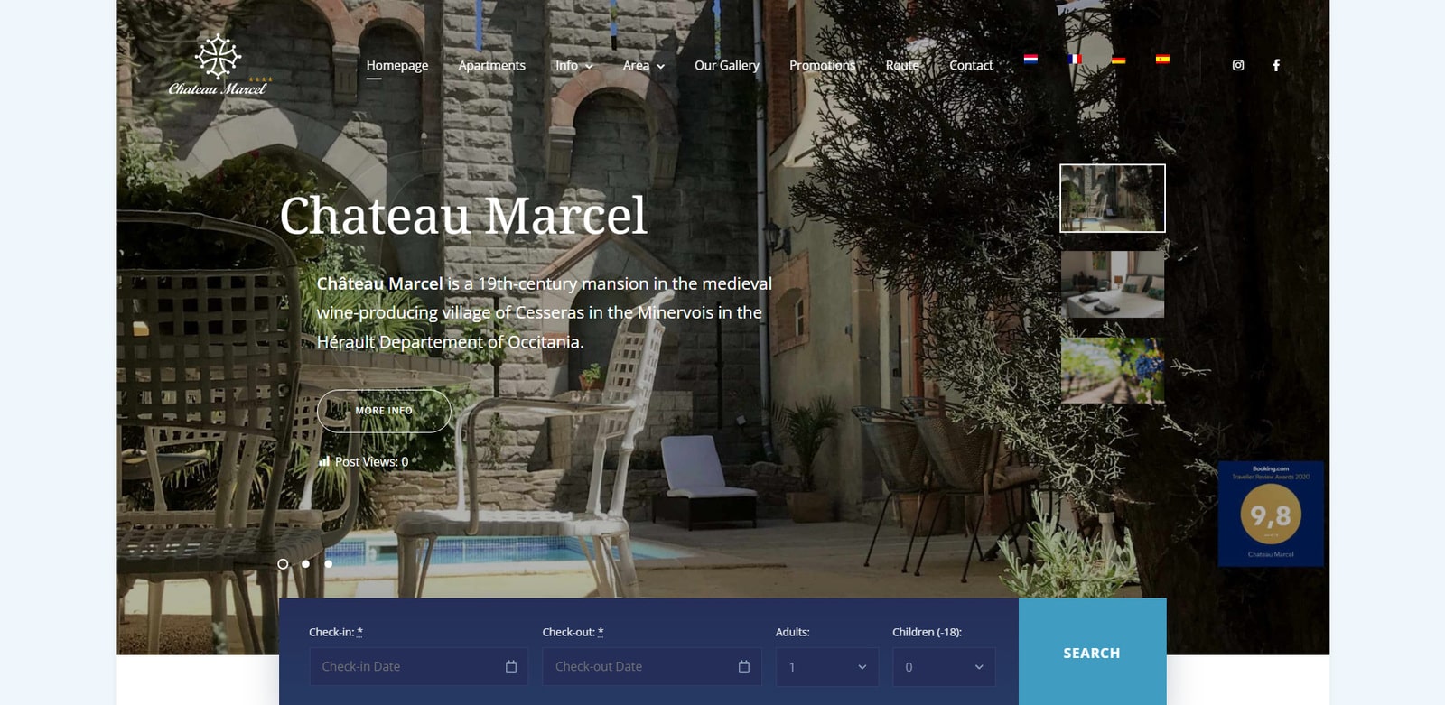 Hızlı ve basit oda aramaya sahip bir otel web sitesi tasarım örneği olan Chateau Marcel'in resmi.