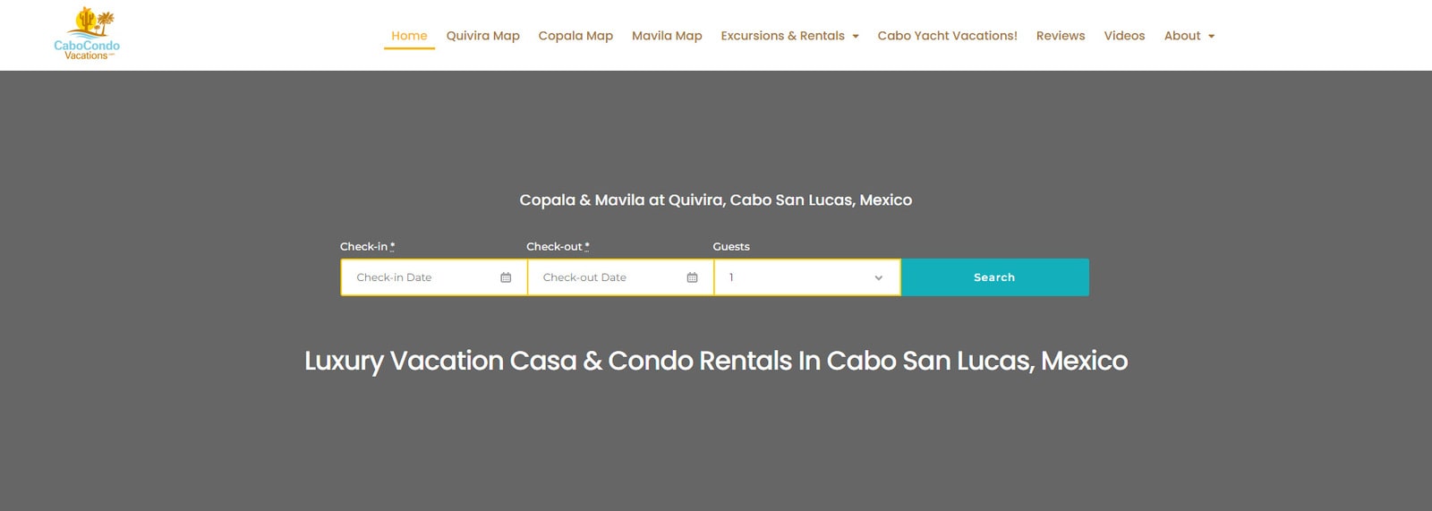 Representación de CaboCondoVacations, un impresionante sitio web de alquiler vacacional con una variedad de páginas para excursiones y servicios de alquiler.