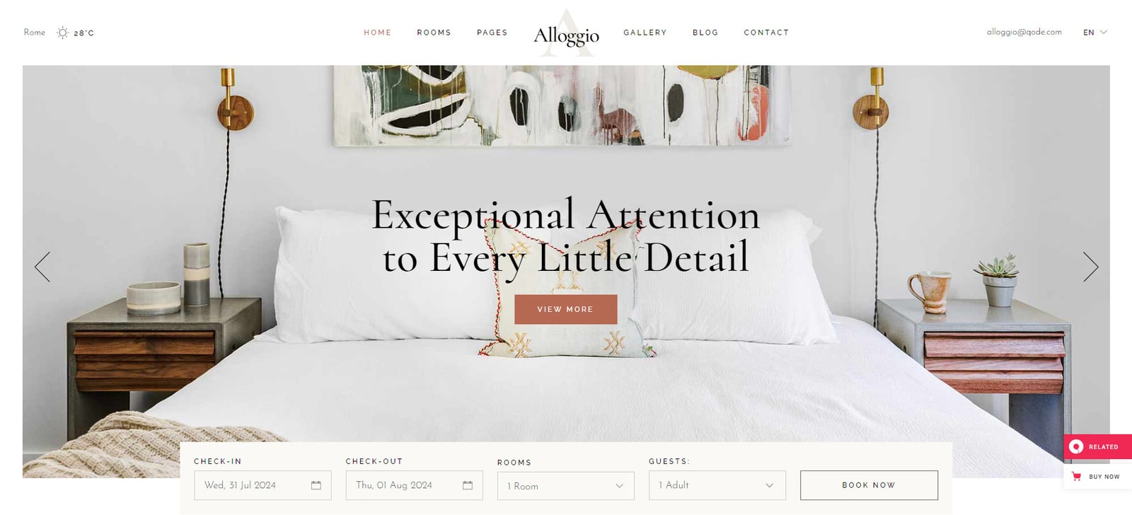 Cuplikan Allogio, tema WordPress hotel yang fleksibel dengan kalender ketersediaan yang mudah digunakan.