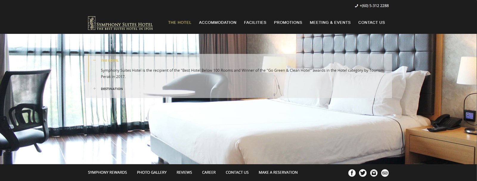 Figure du Symphony Suites Hotel, un site Web d'hôtel moderne avec de superbes pages de galerie et de commodités.