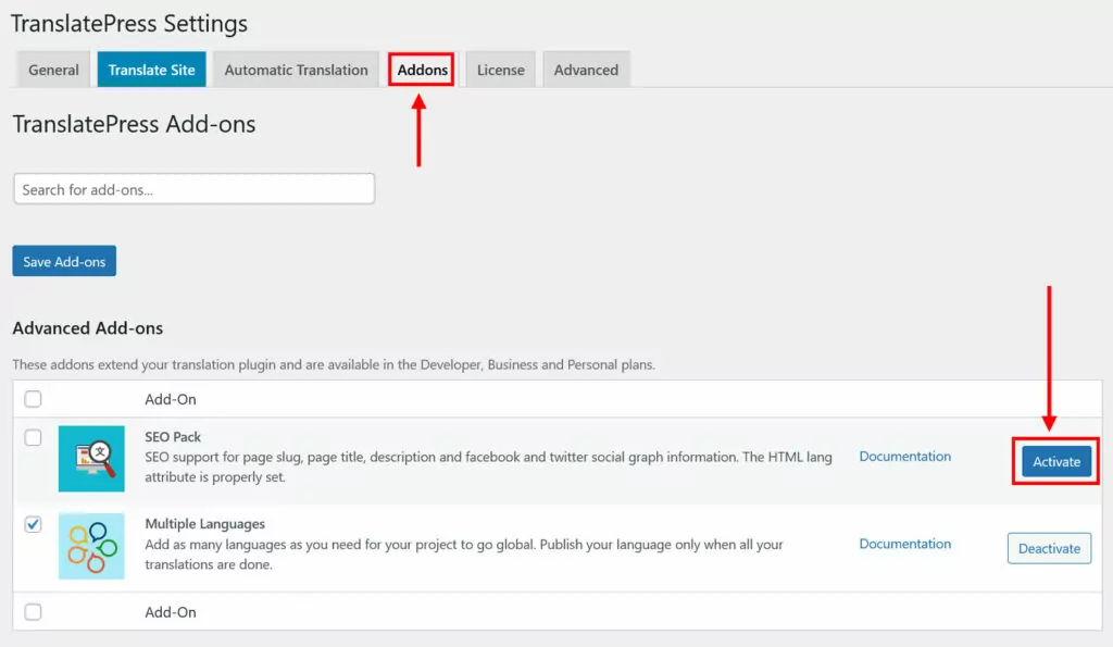 активировать SEO-пакет TranslatePress