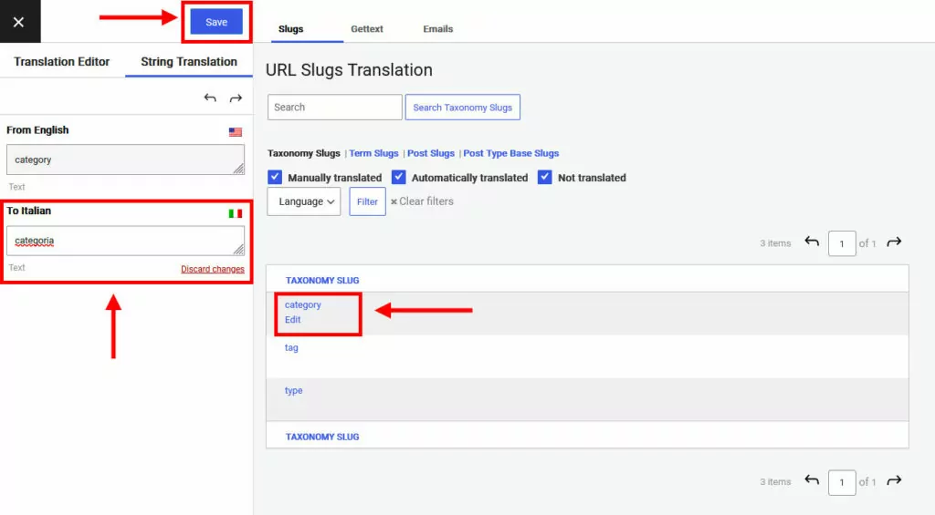 traducir babosas en el menú de traducción de cadenas de Translatepress