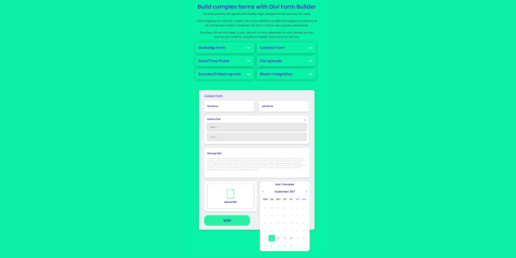 Une capture d'écran des fonctionnalités de Divi Form Builder