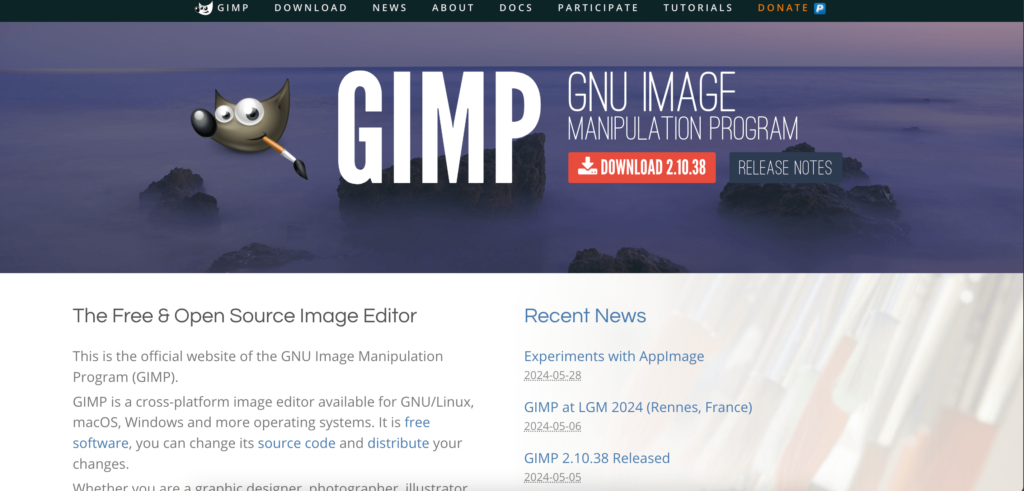 นี่คือภาพหน้าจอของหน้าแรกของ Gimp