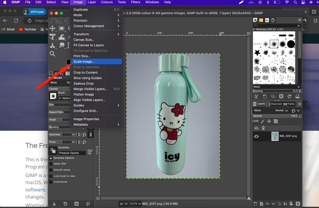 นี่คือภาพหน้าจอของตัวเลือกรูปภาพขนาดใน Gimp