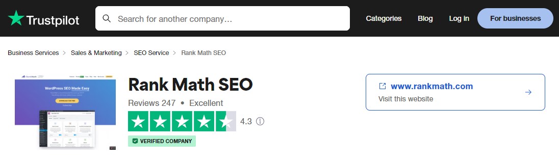 TrustPilot Web サイトでの Rank Math ユーザー評価