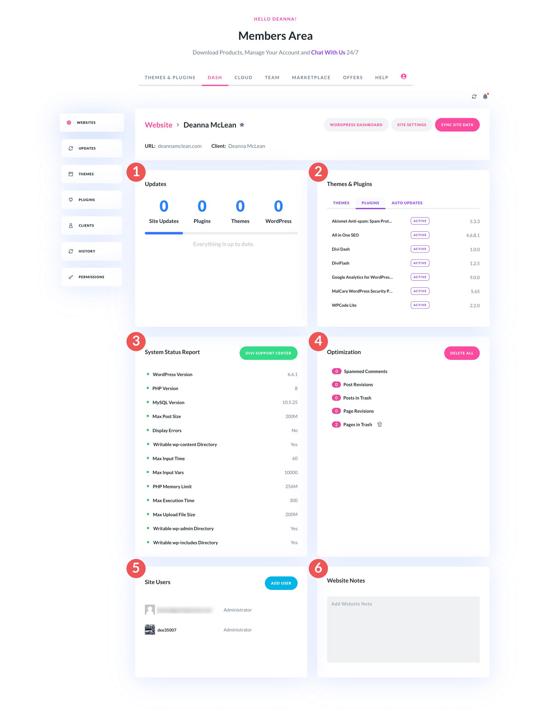 Tableau de bord du site Divi Dash