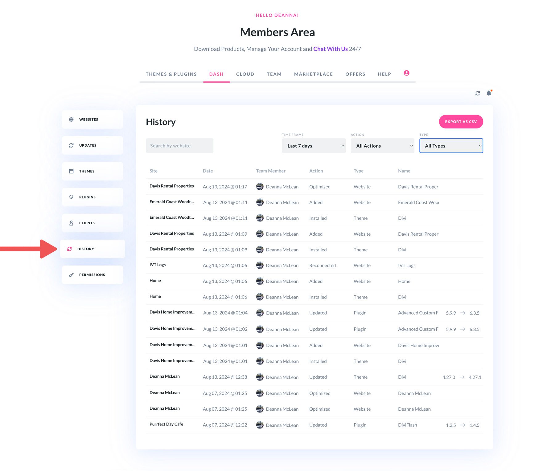 Historial del sitio web Divi Dash