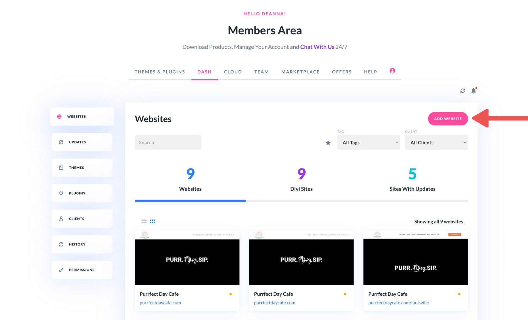 adicionar novo site ao Divi Dash