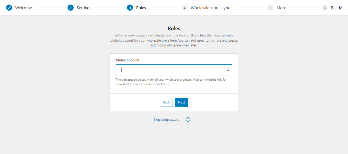 WooCommerce Wholesale Pro のセットアップ ウィザード内でグローバル割引値を設定します。