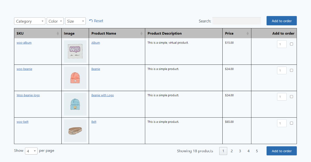 O layout da tabela front-end do plugin WooCommerce Wholesale Pro.