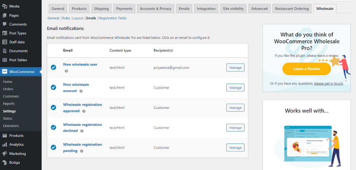 Layar Notifikasi Email untuk WooCommerce Wholesale Pro di halaman pengaturan WooCommerce.