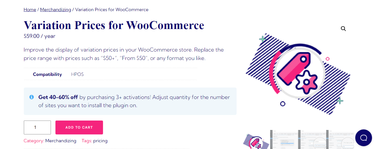 La page d’accueil du plugin WooCommerce Variation Prices.