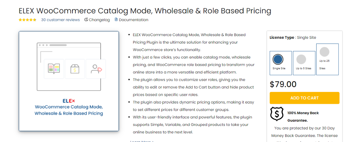 Die Homepage des ELEX WooCommerce Role Based Pricing Plugins.