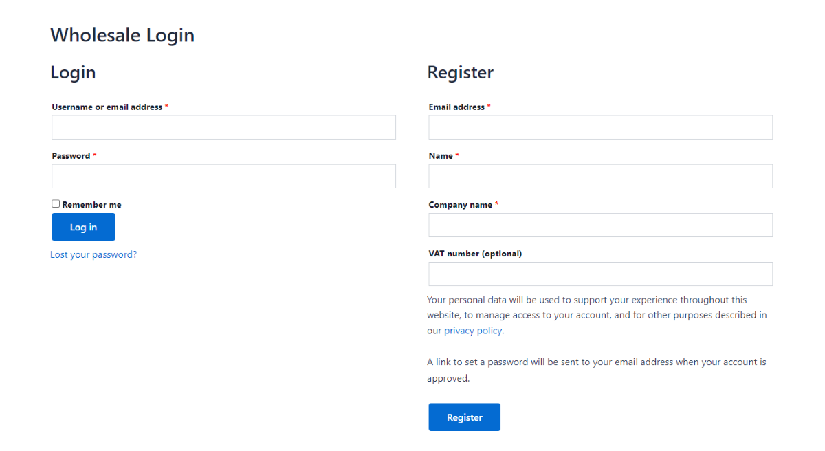 Formulir pendaftaran dan pendaftaran plugin WooCommerce Wholesale Pro.