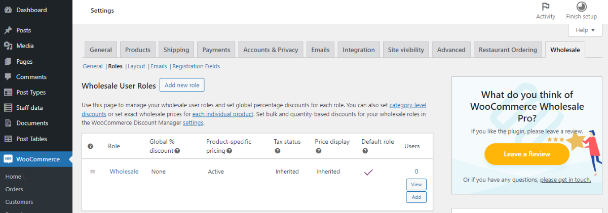 Layar Peran Pengguna Grosir dari plugin WooCommerce Wholesale Pro.