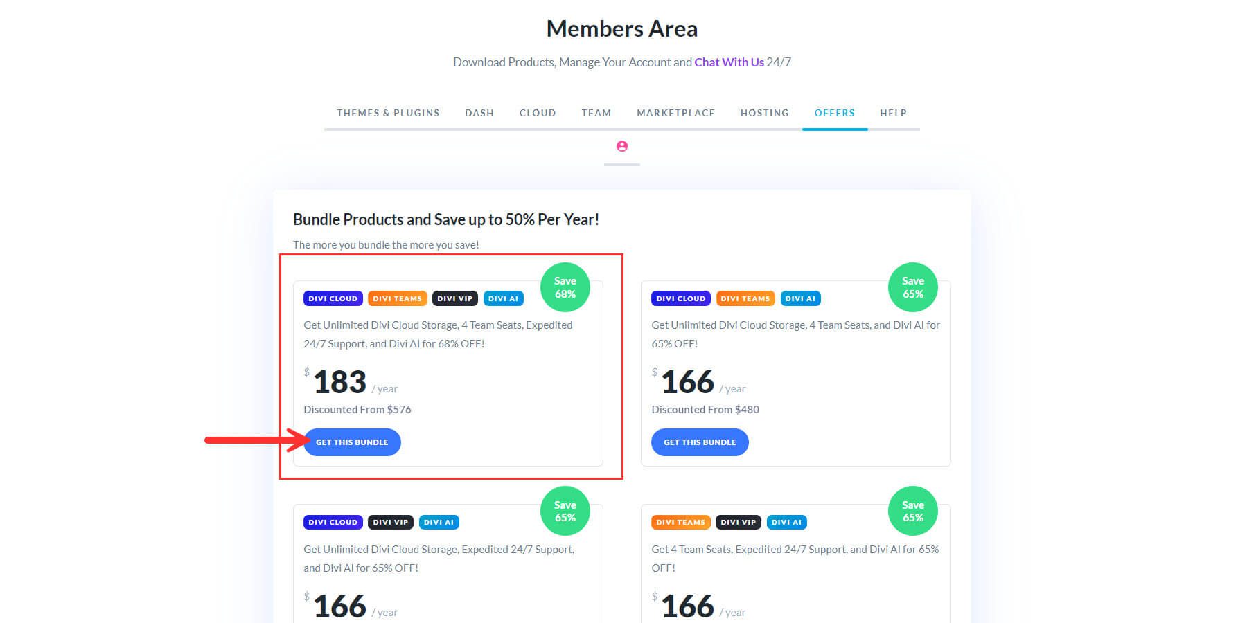 Pacchetto sconti Divi Pro per i membri dalla dashboard dell'area membri