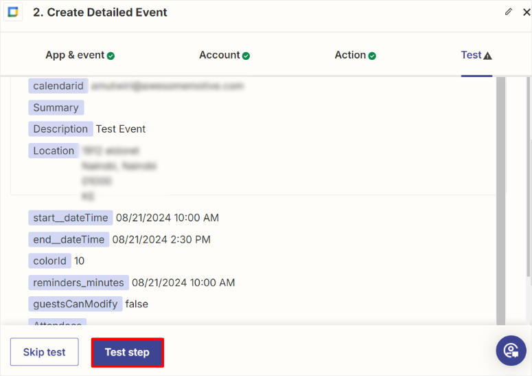 zapier test detailed event