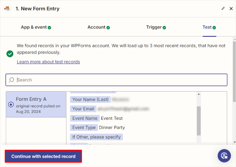 zapier new form entry test complete