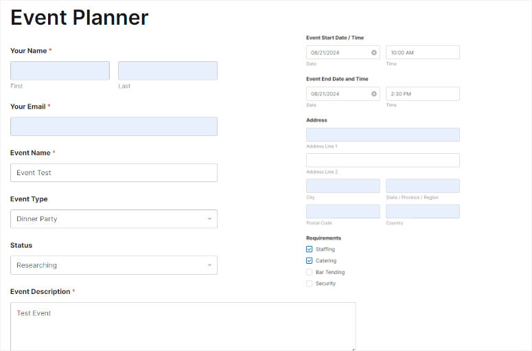 wpforms event planner sample form