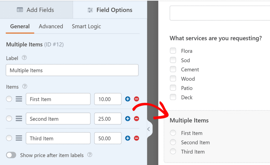 Field Options for Multiple Items Field