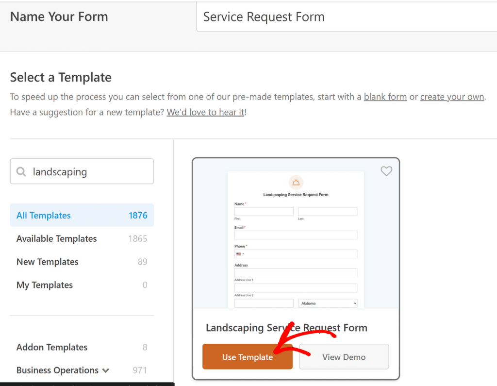 Landscaing service request form template