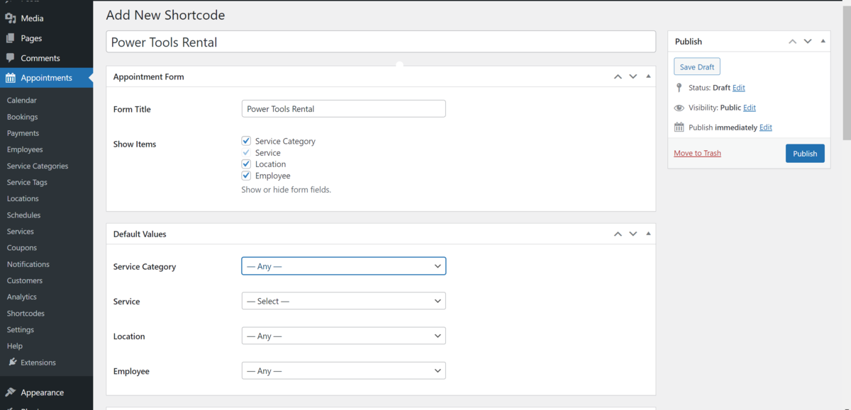 La schermata Aggiungi nuovo shortcode in WordPress, che mostra i campi per generare uno shortcode per il modulo di prenotazione dell'attrezzatura.